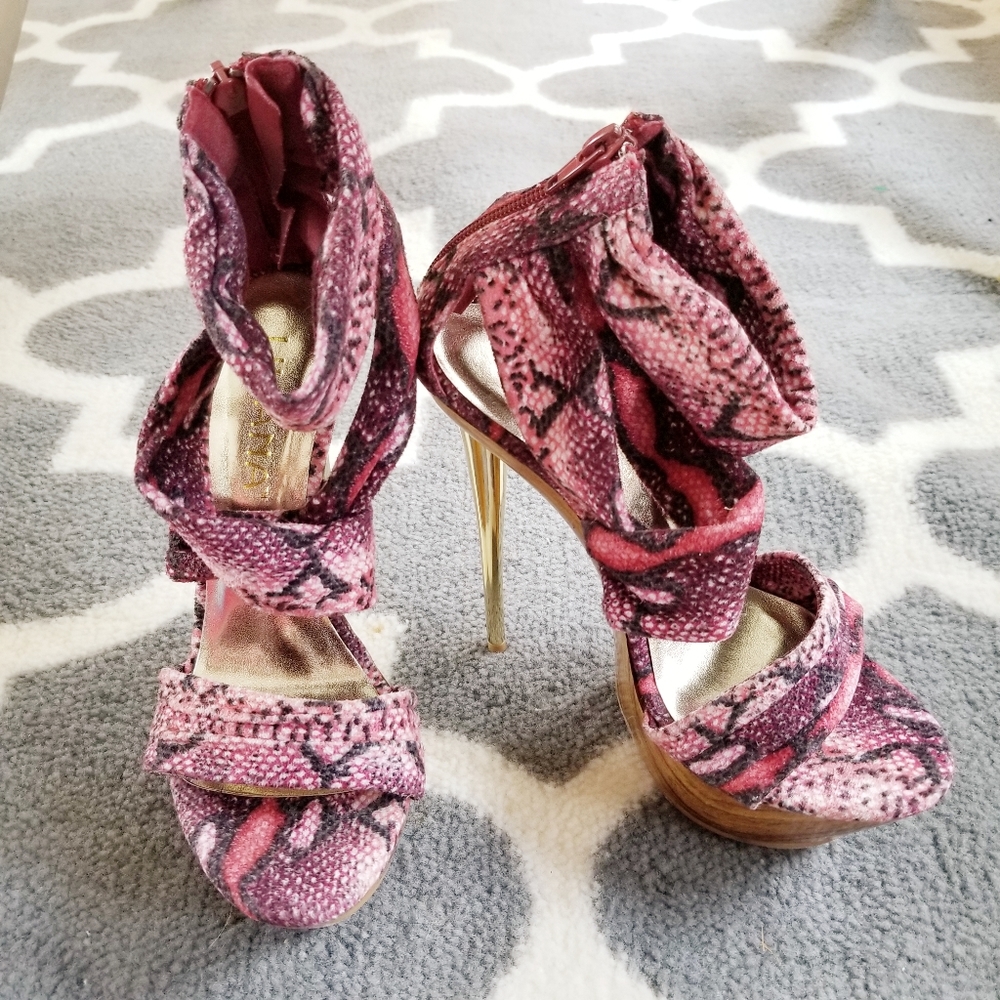 Liliana "Davina" Lux Snake Print Wood & Gold Platform Stilettos